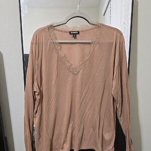 Express Women's Beige Lace Trim V-Neck Top